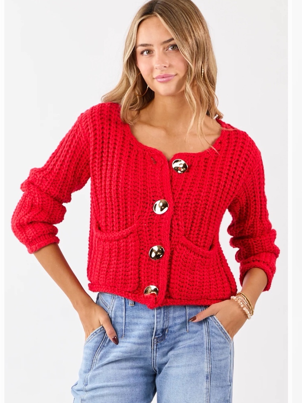 Cropped Red Chunky Knit Button Cardigan Sweater